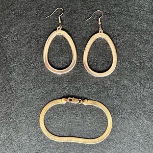 Lot of 2: 1 Pair Gold Tone Teardrop Earrings and 1 Gold Tone Bracelet